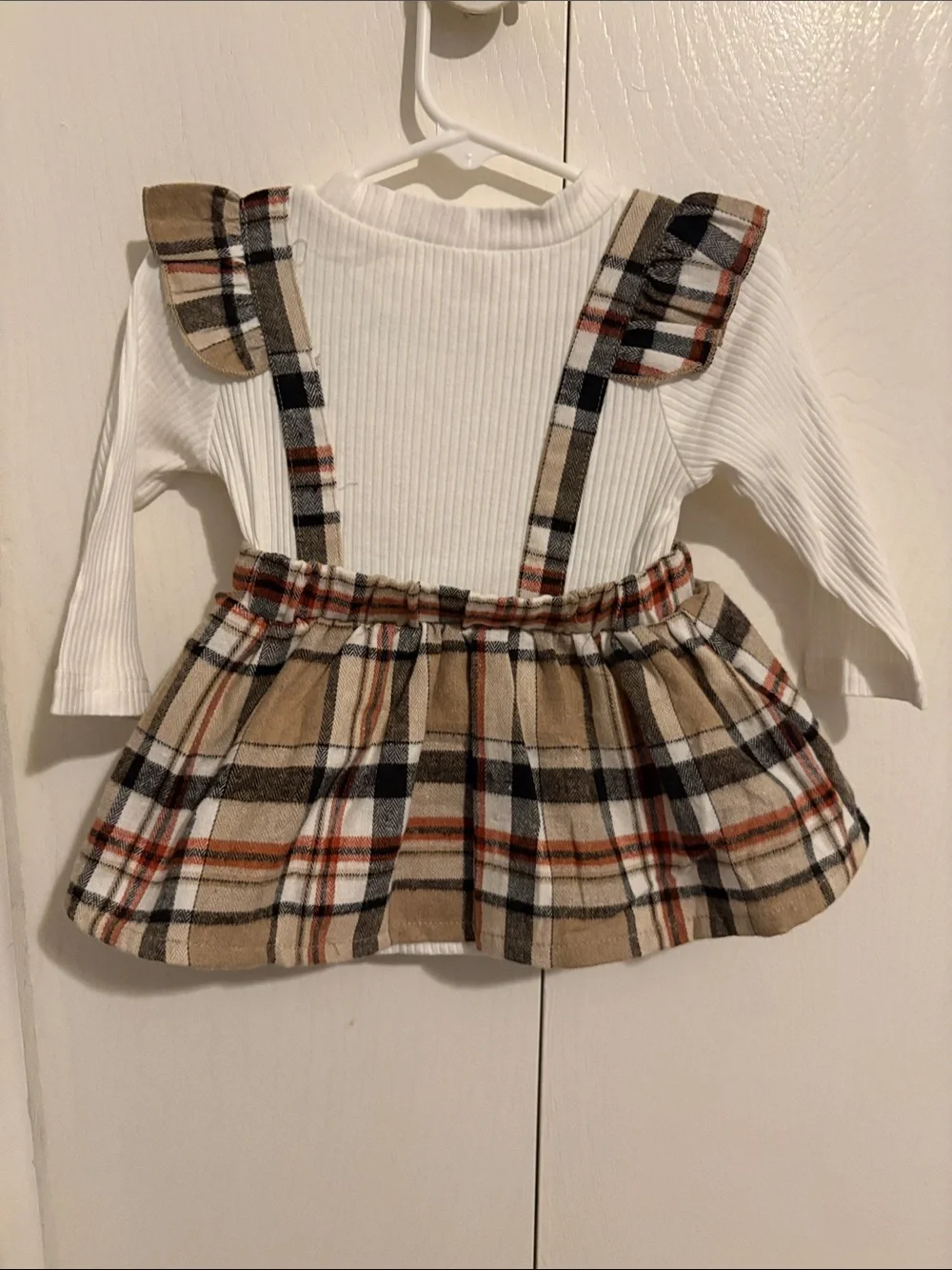 Plaid Bow Suspender Dress with White Ribbed Top - Beige Plaid